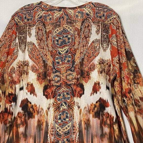 One World Womens Tunic Top Sz L Orange Brown Boho Open Crochet V-neck Fall L/S - Picture 8 of 12